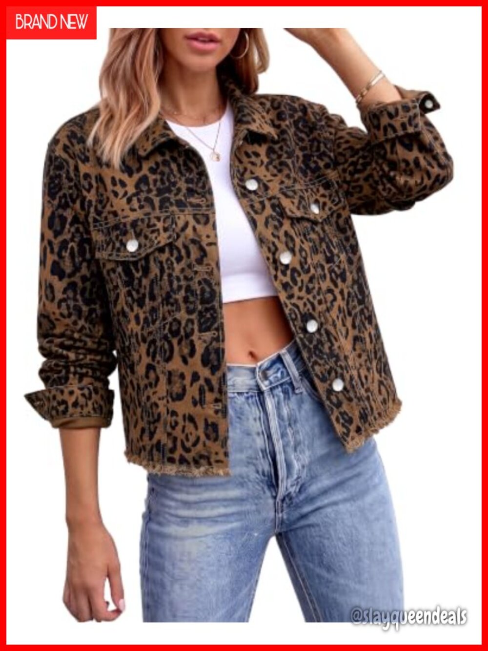 Leopard Cheetah Print Denim Jacket Frayed Hem Cropped Stretch Trucker